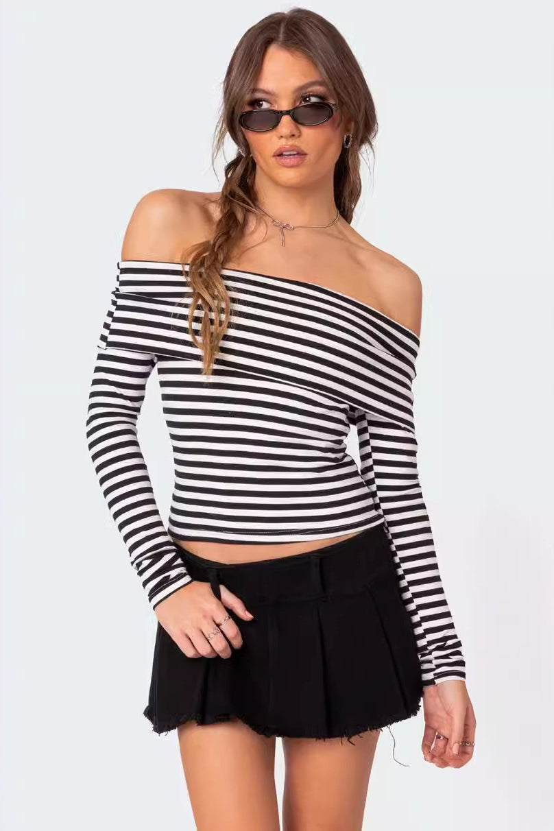 Slim Fit Striped Slit Neck Knit Top image 1