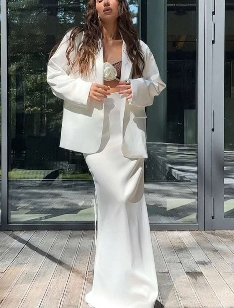 White Satin Long Sleeve Skirt Office Two Piece Set image 2