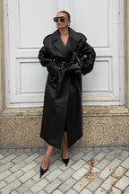 Knee-Length Heavy-Detail Faux Leather Overcoat image 1