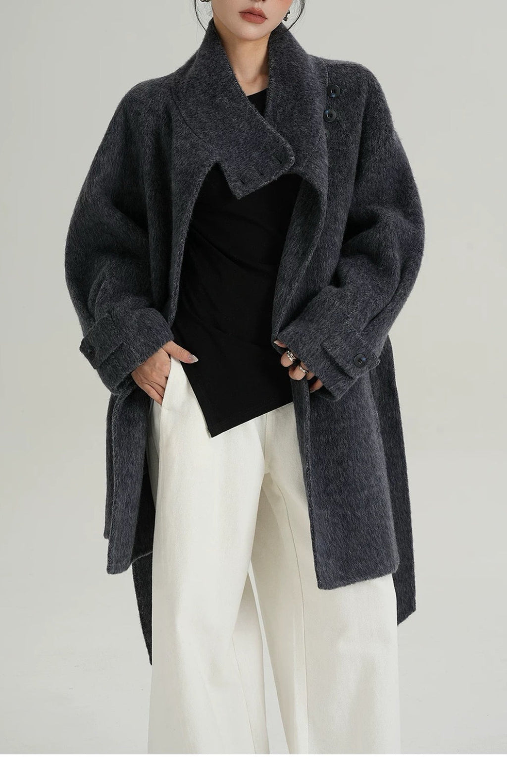 Chic Solid Wool Warm Loose Mock-neck Coat image 2
