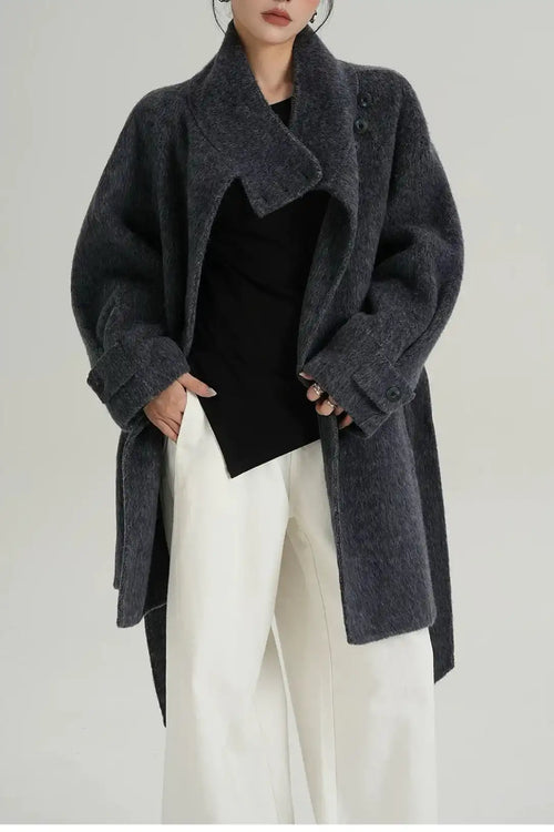 Chic Solid Wool Warm Loose Mock-neck Coat image 2