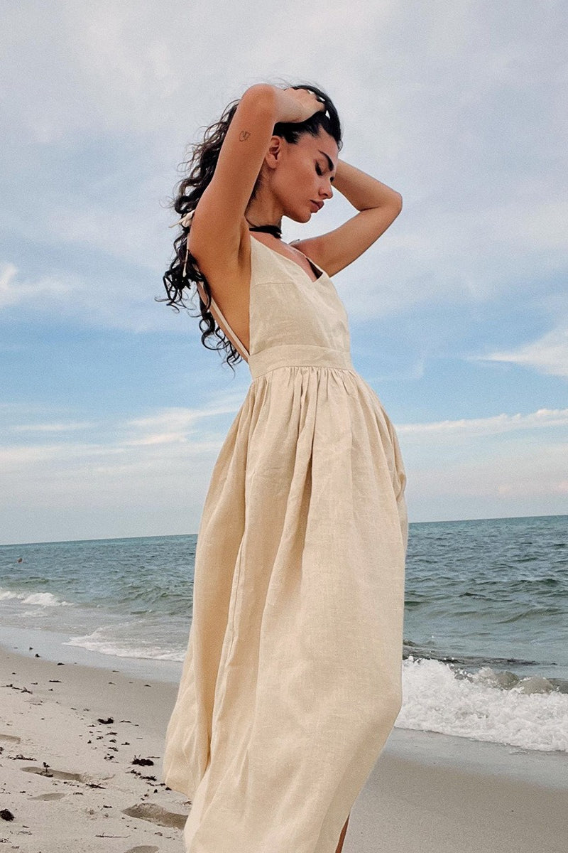 Cotton V Neck Spaghetti Strap Elegant Tie Backless Midi Dress image 2