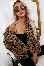 Fleece Leopard Zebra Print Notch Collar Coat image 3