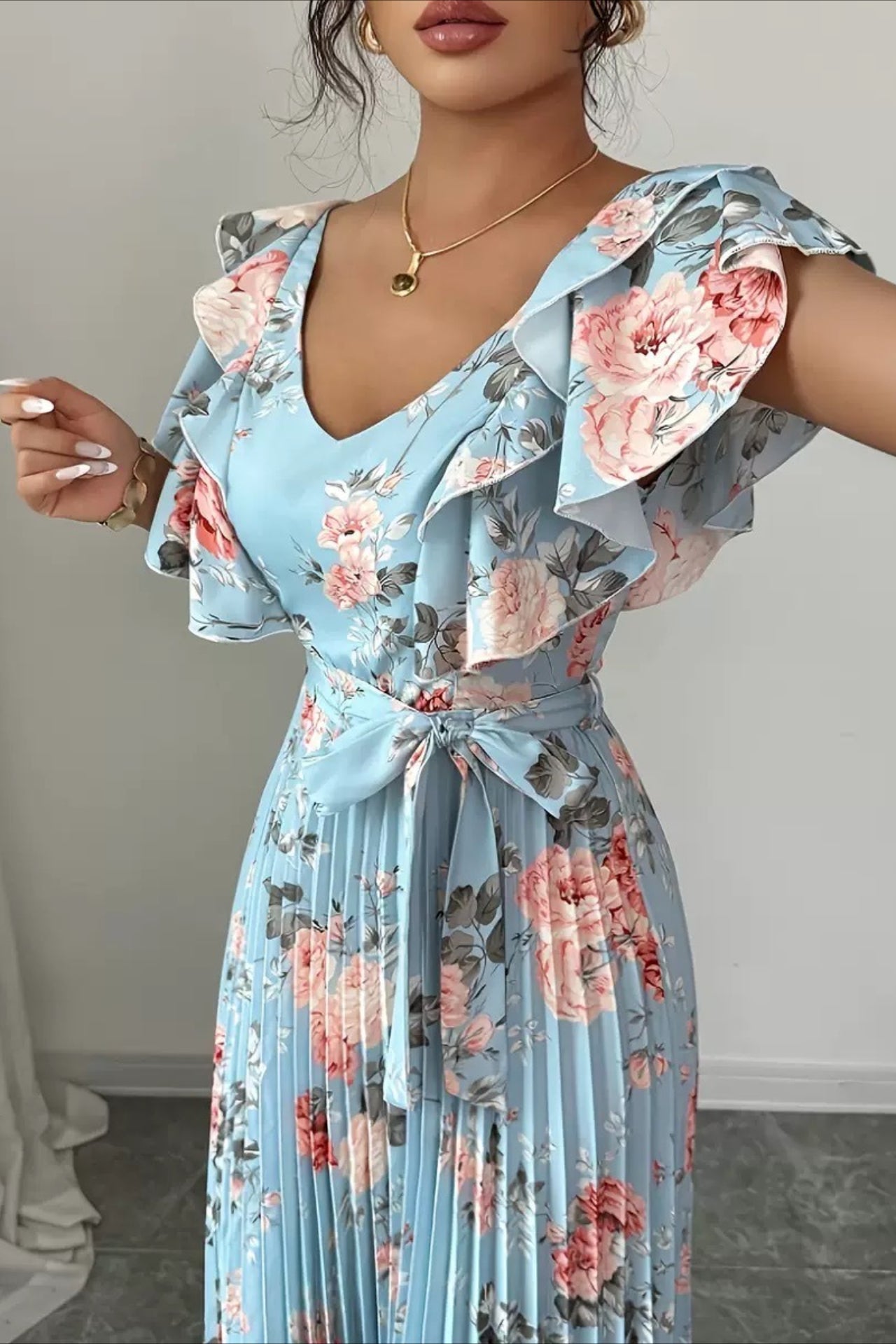 Floral Print Ruffle Sleeve V Neck Pleated Elegant Maxi Dress image 10