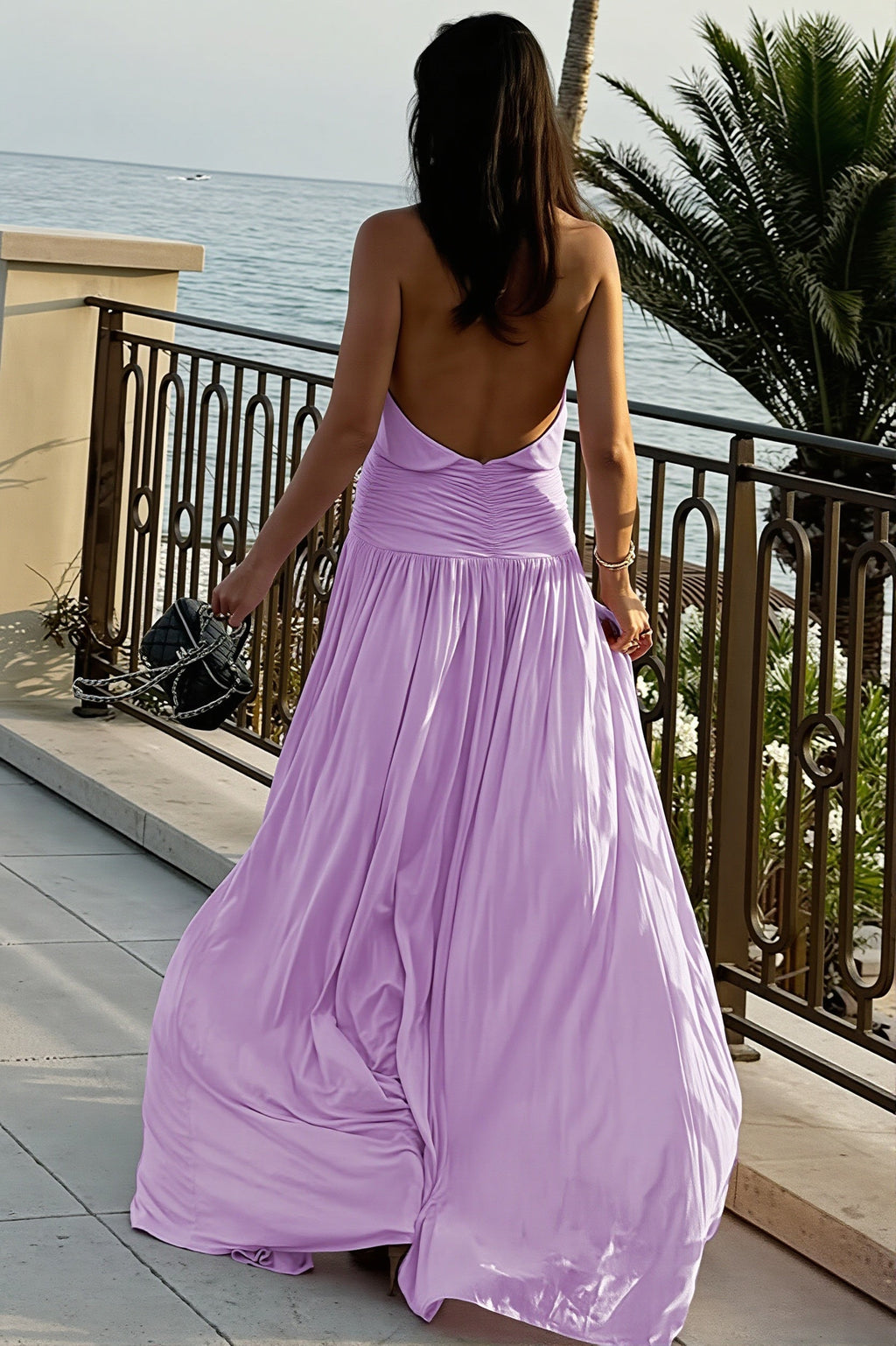 Chic Solid Ruched Halter Backless Side Slit Maxi Dress image 4