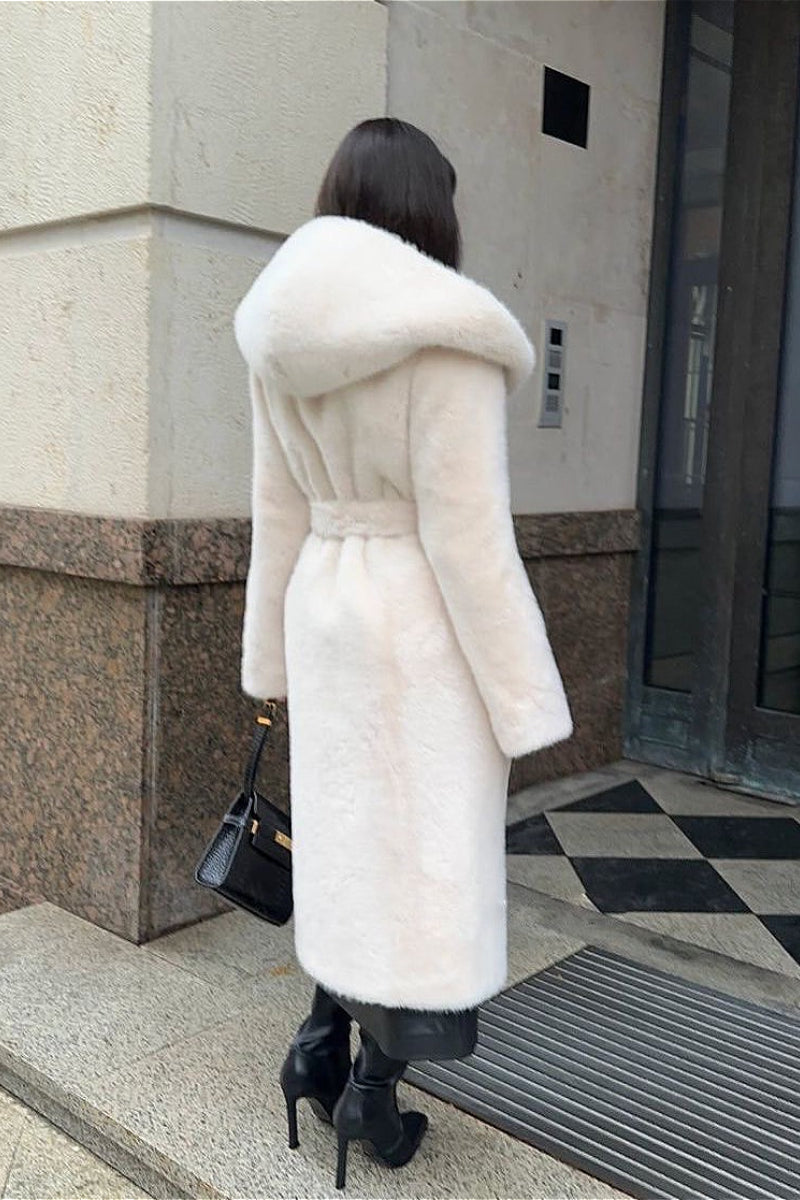 Faux Mink Fur Long Hooded Belted Plush Overcoat image 1