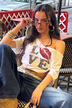 Street Style Leopard Letter Print V Neck Sexy Crop Top T-shirt image 3