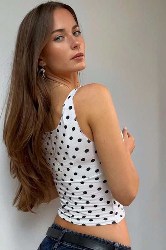 Polka Dot V-Neck Tie Waist Crop Top image 3