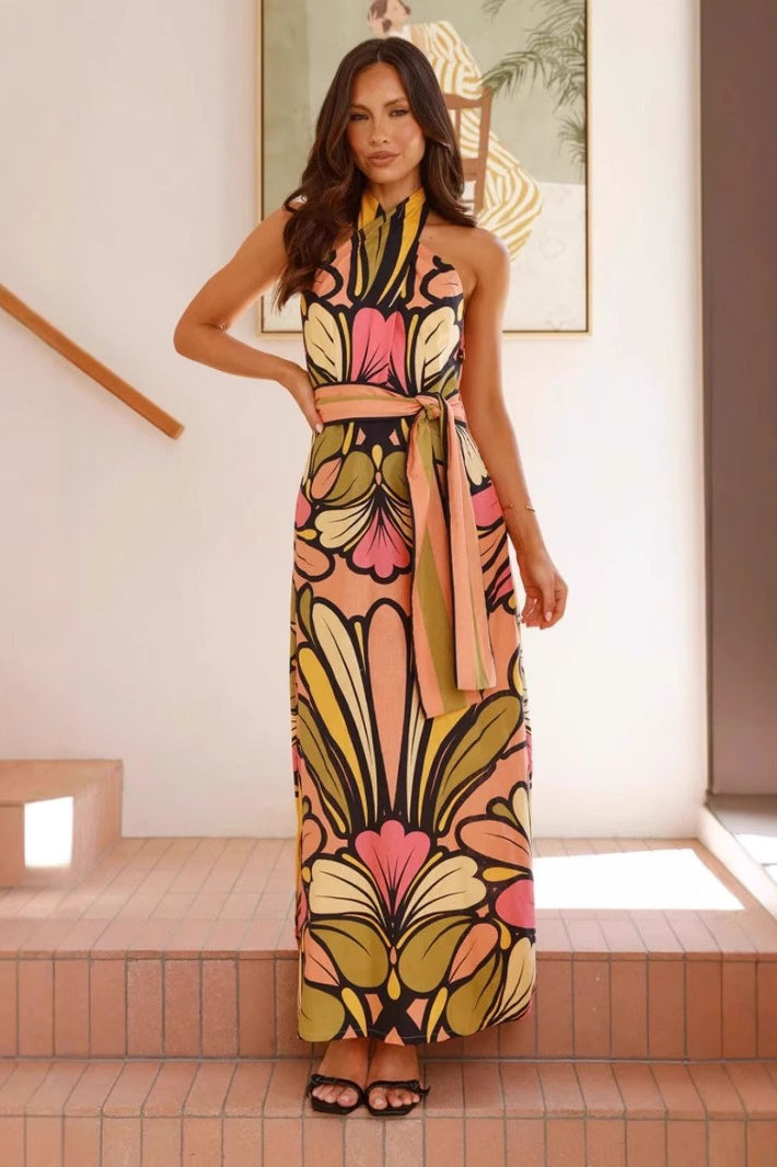 Floral Print Halter Belted Waist Maxi Dress image 2