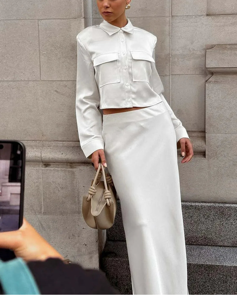 White Slim Lapel Floor Skirt Office Two Piece Set image 2