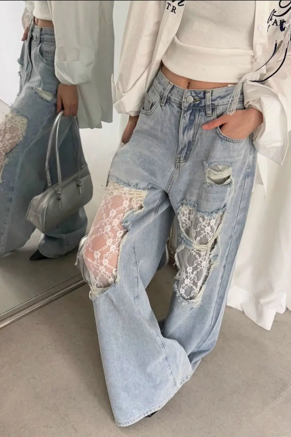 Lace Patchwork Ripped Loose Jeans image 16