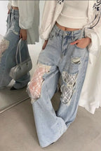 Lace Patchwork Ripped Loose Jeans image 1