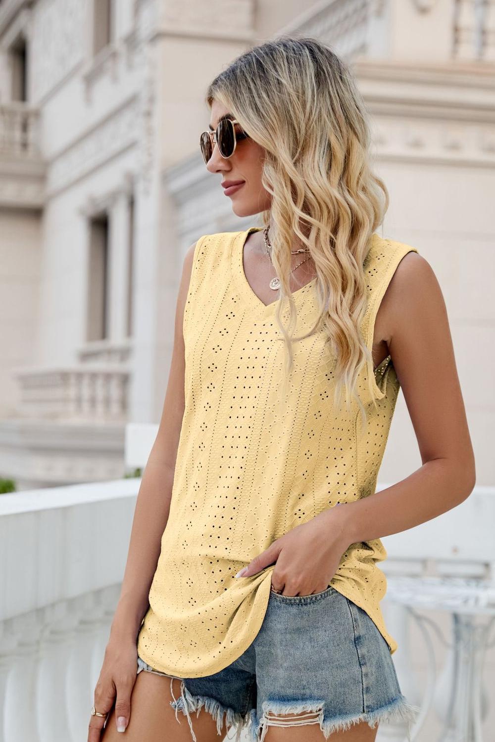 Gia Eyelet Tank detail view styled for Avrienne
