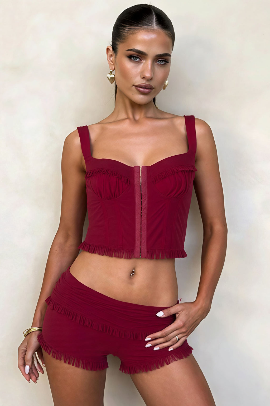 Fashion Snap Button Cami Top Slim Ruffle Shorts Skirt Set image 3