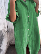 Marseille Linen Shirt Dress detail view styled for Avrienne