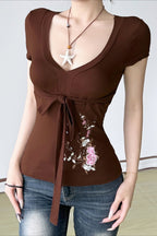 Vintage Floral Embroidery Tie Waist V Neck T-shirt image 1