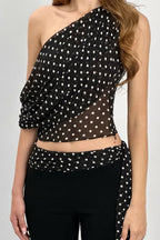 Polka Dot Mesh Asymmetrical Halter Tank Top image 1