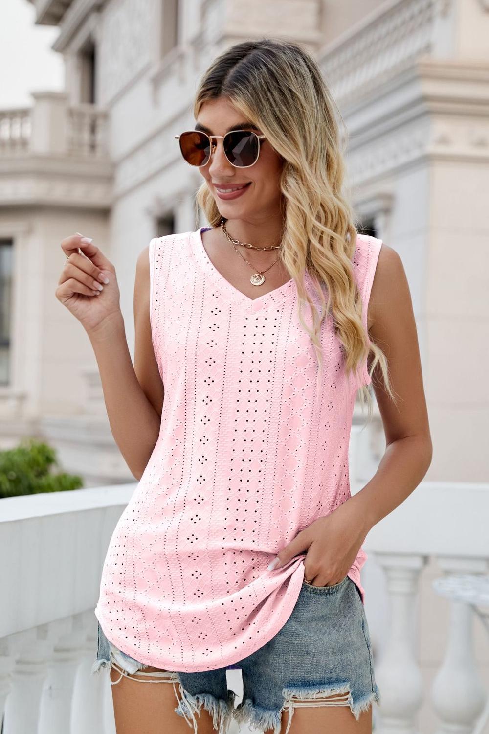 Gia Eyelet Tank detail view styled for Avrienne