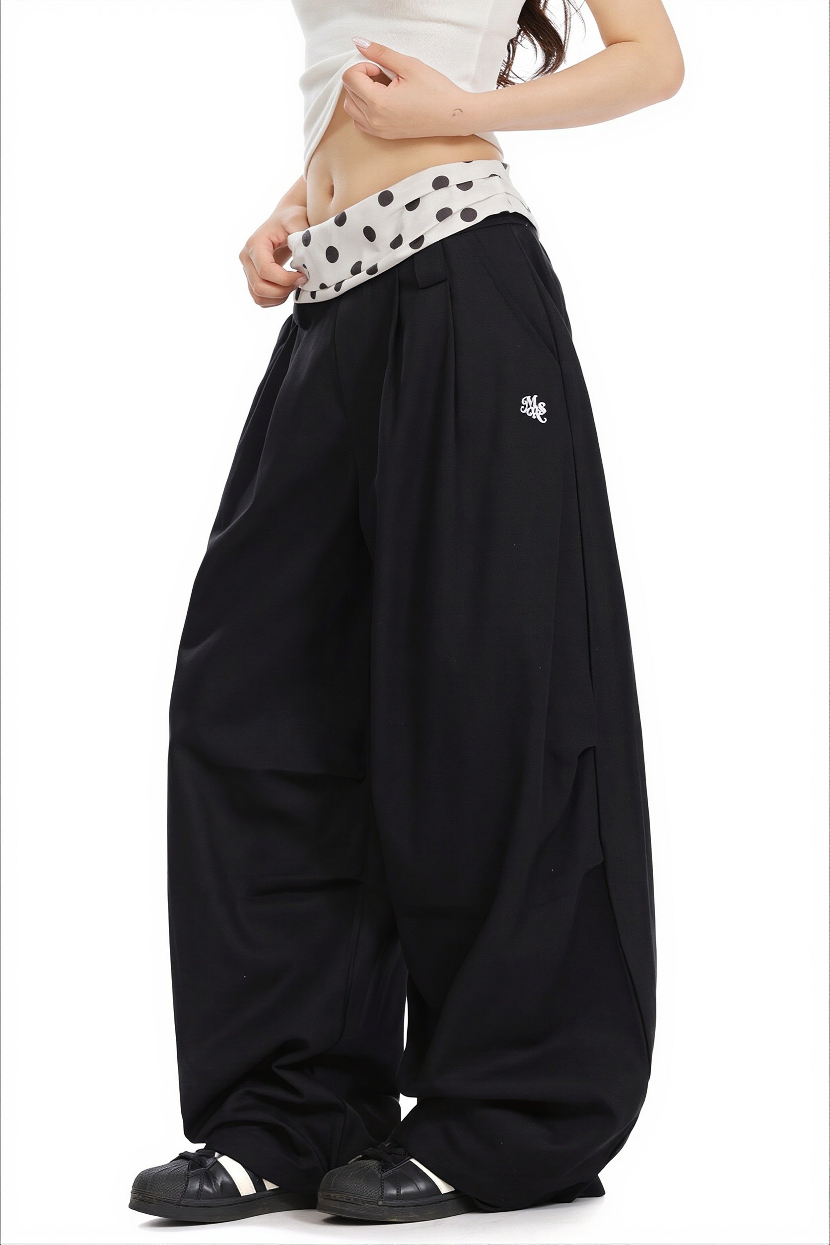 Splice Polka Dot Fold Waist Pants image 6