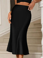 Seraphine Satin Skirt detail view styled for Avrienne