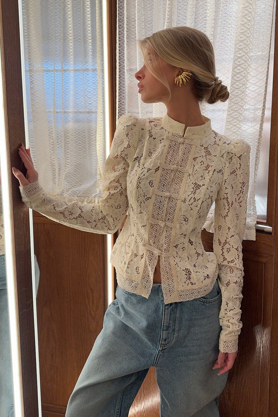 Soft-Style Stand-Collar Frog-Button Lace Cutout Cardigan image 1