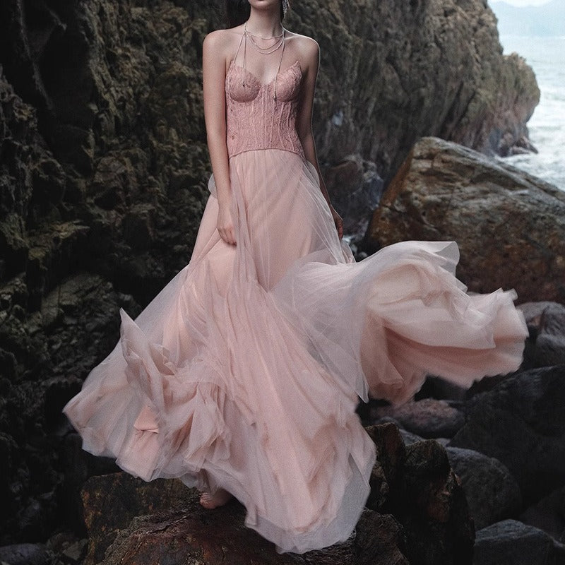 Lace Bone Tube Mesh Flared Prom Dress image 3