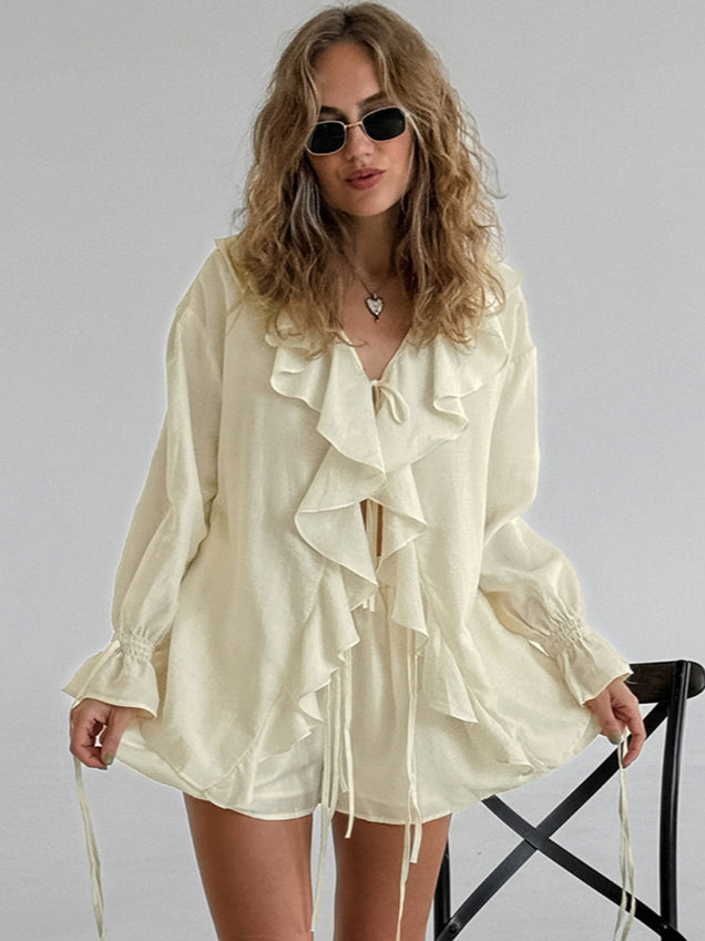 Ruffled Hem Tie Front Cardigan & Shorts Set Blouse image 2