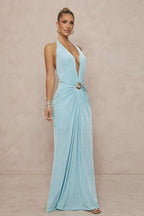 Deep V Halter Ruched Metal Trim Backless Maxi Dress image 3