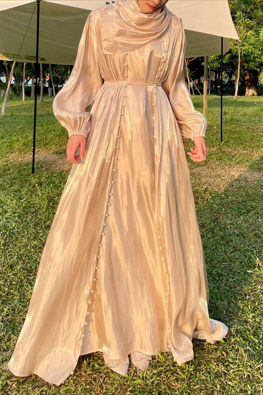 Shimmer Tulle Inner Skirt Outer Skirt Headscarf Three Piece Prom Dress image 8