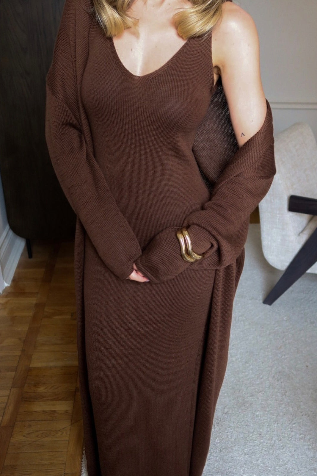 Solid V Neck Cotton Knit Bodycon Two Piece Set image 12