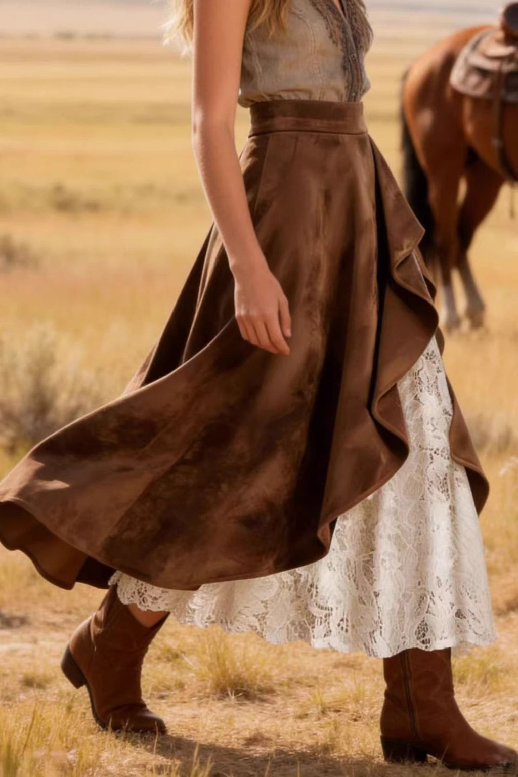 Vintage Suede Lace Panel Midi Skirt image 3