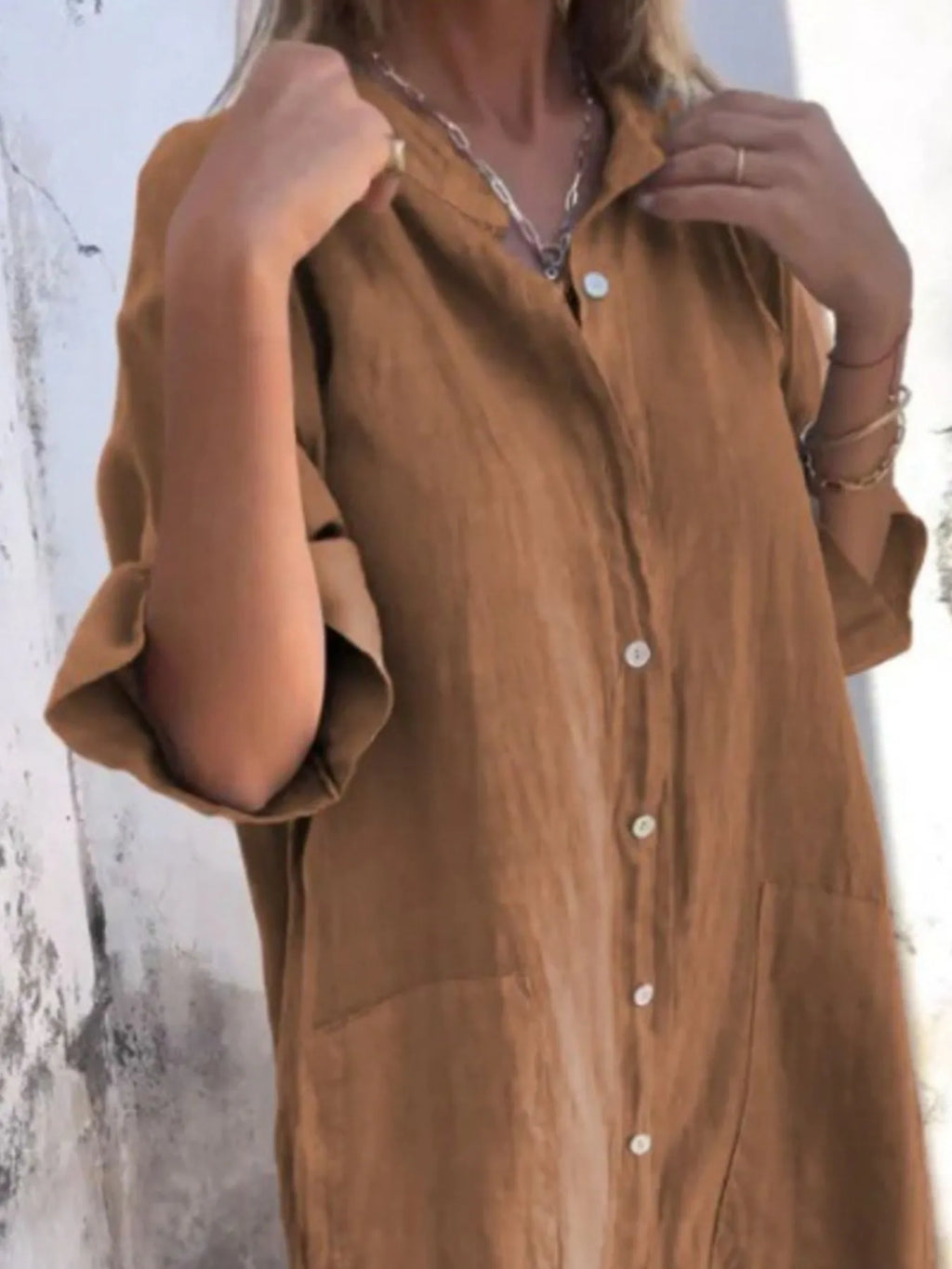 Marseille Linen Shirt Dress detail view styled for Avrienne