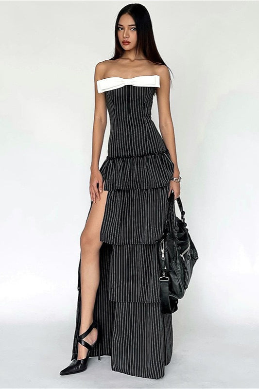 Sexy Striped Ruffle Hem Strapless Maxi Dress image 4