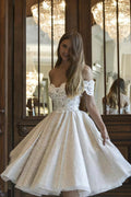 Elegant V Neck Off Shoulder Glitter Lace Tie Back Reception Dress image 1