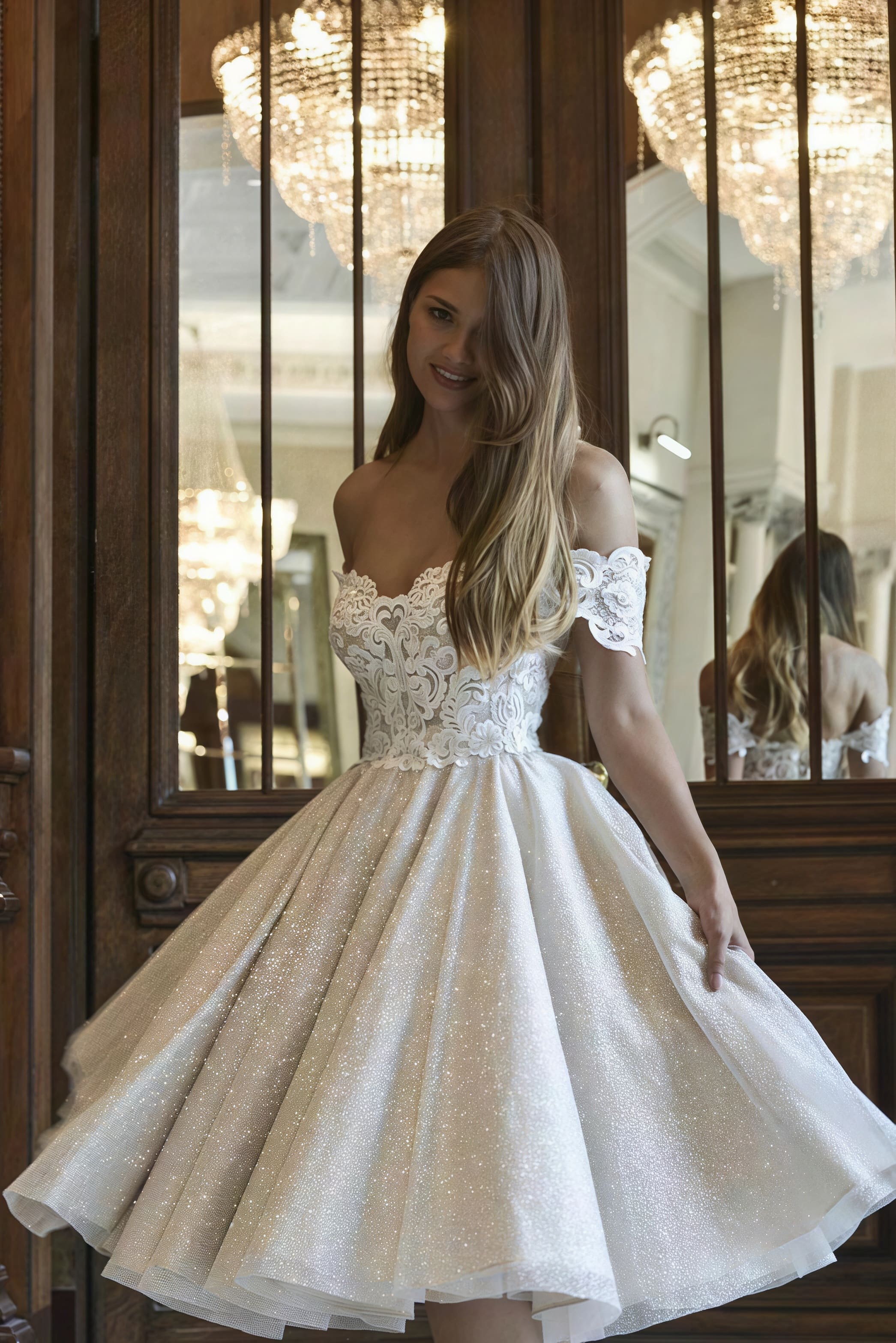 Elegant V Neck Off Shoulder Glitter Lace Tie Back Reception Dress image 1