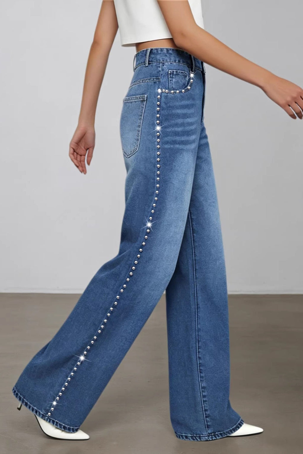 Washed Beaded High Waist Straight Leg Jeans image 3
