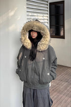 Black Short Puffer Fur Collar Jacket image 4