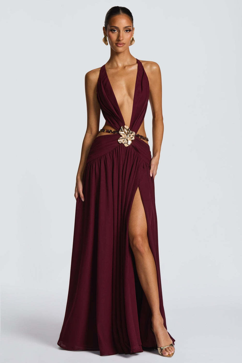 Halter Deep V Tie Backless High Slit Maxi Dress image 3