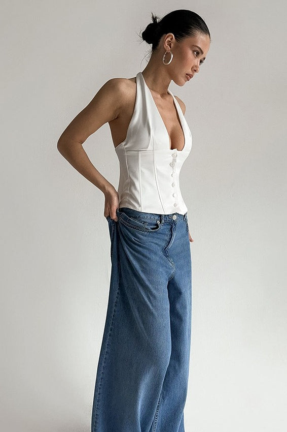 Sexy Solid Button Down Deep V Halter Top image 4
