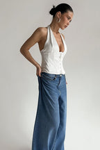 Sexy Solid Button Down Deep V Halter Top image 4