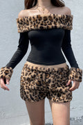 Leopard Print Fleece Off-the-shoulder Two Piece Set image 1