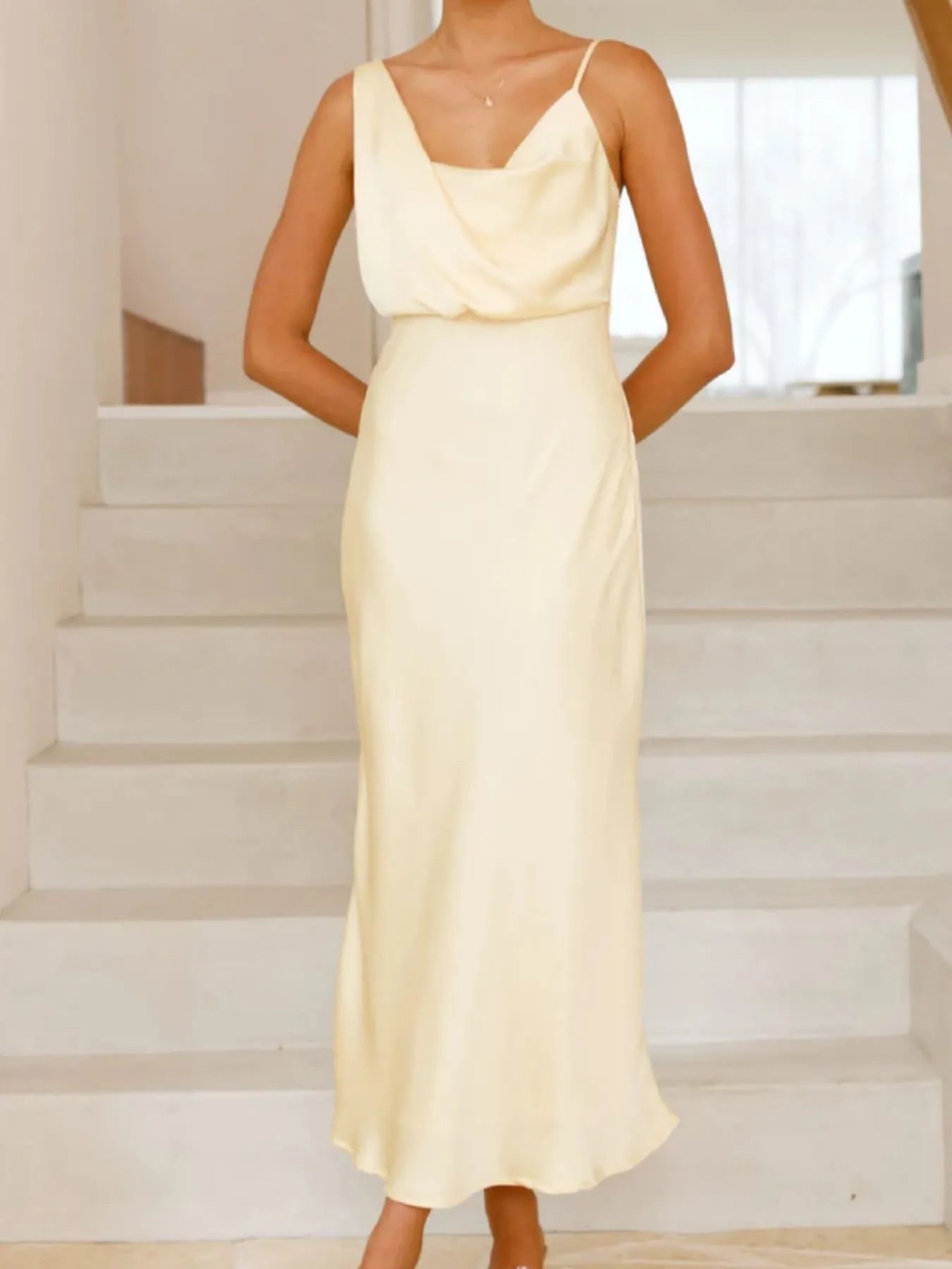 Willa Satin Dress detail view styled for Avrienne