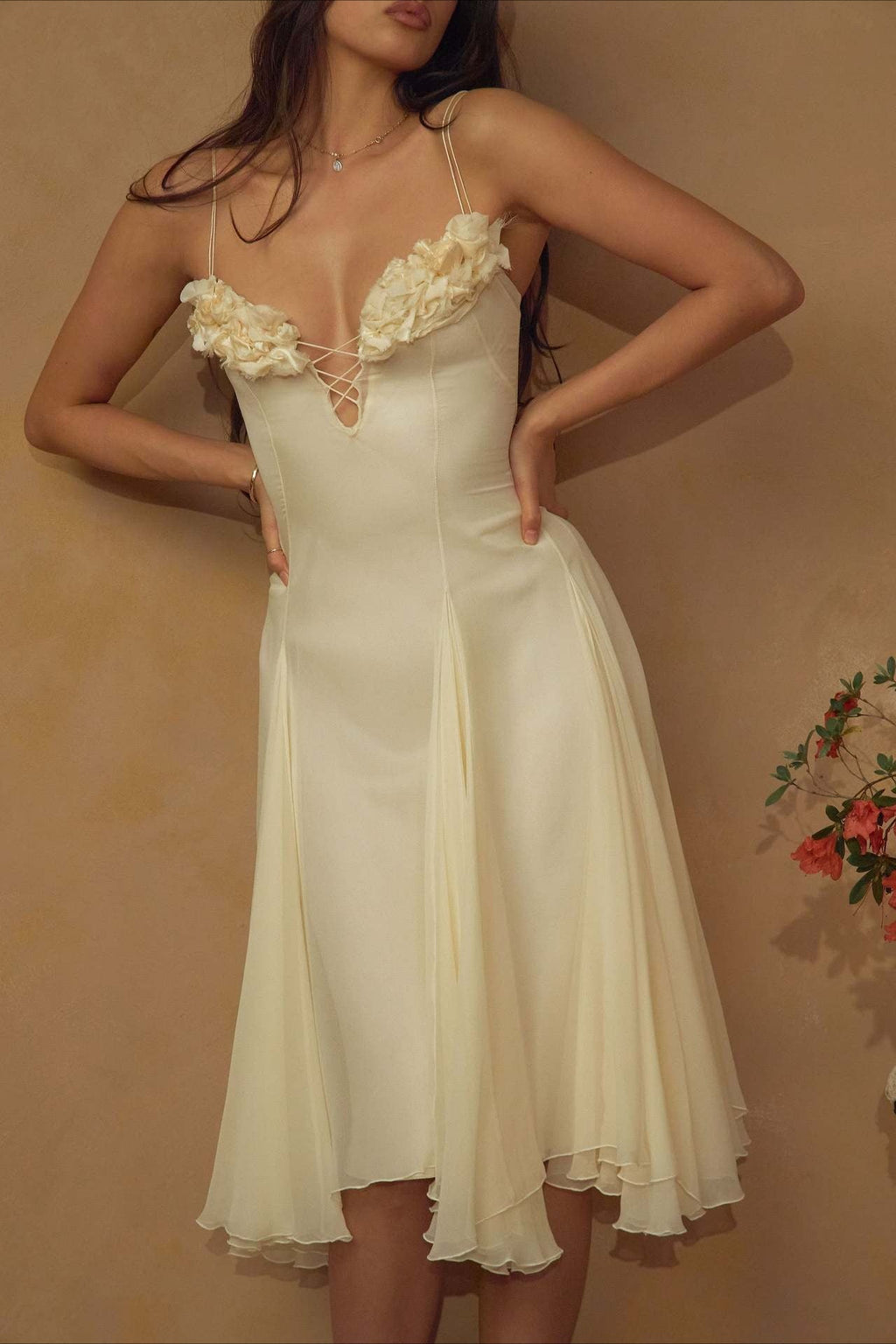 3D Flower Deep V Patchwork Spaghetti Strap Romantic Midi Dress image 1