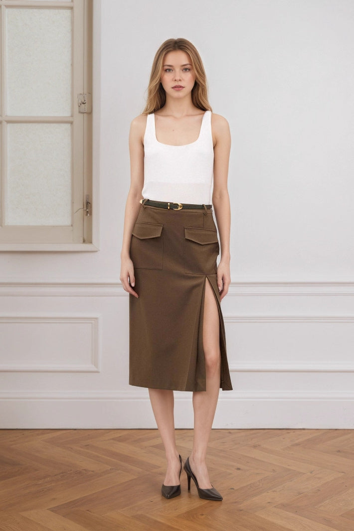 High Waist Split A-Line Midi Skirt image 2