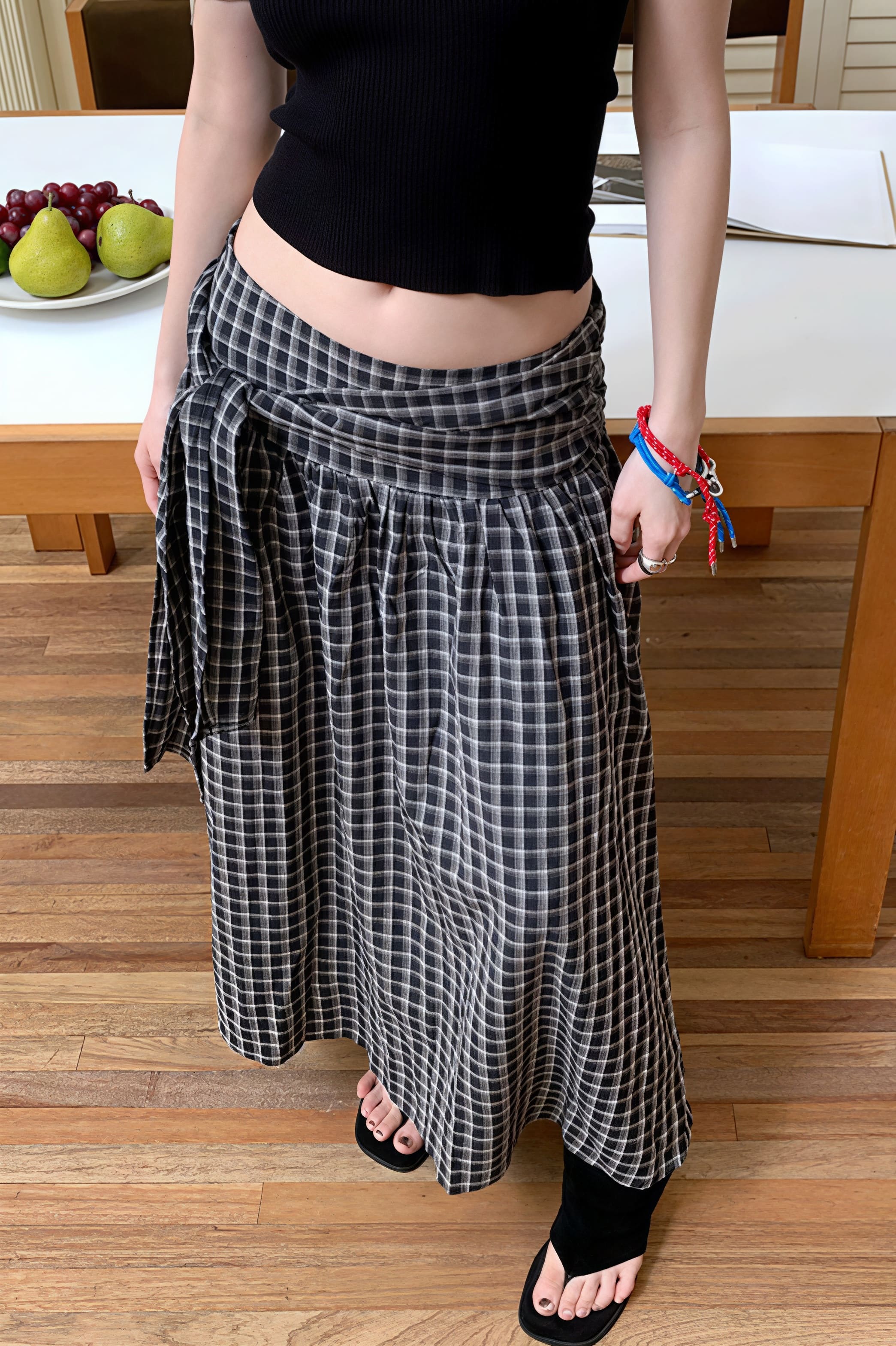 Color Block Plaid Tie Side Zip Loose Skirt image 7