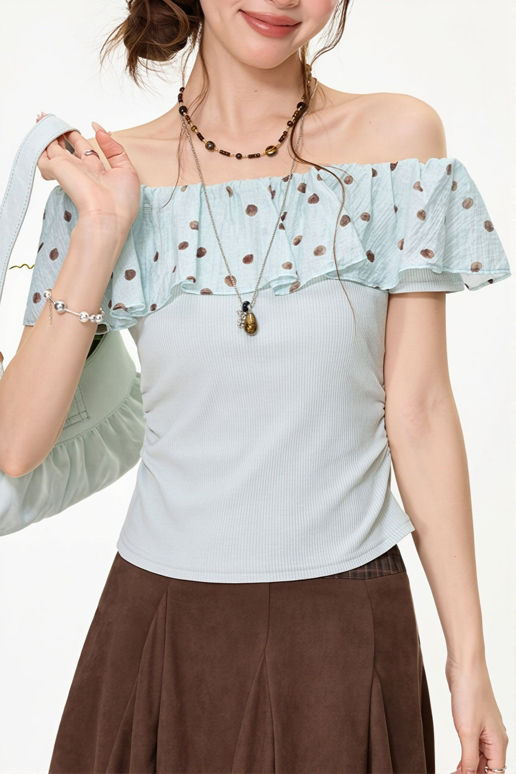 Mint Polka Dot Ruffle Off Shoulder Blouse image 3