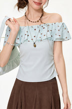 Mint Polka Dot Ruffle Off Shoulder Blouse image 3
