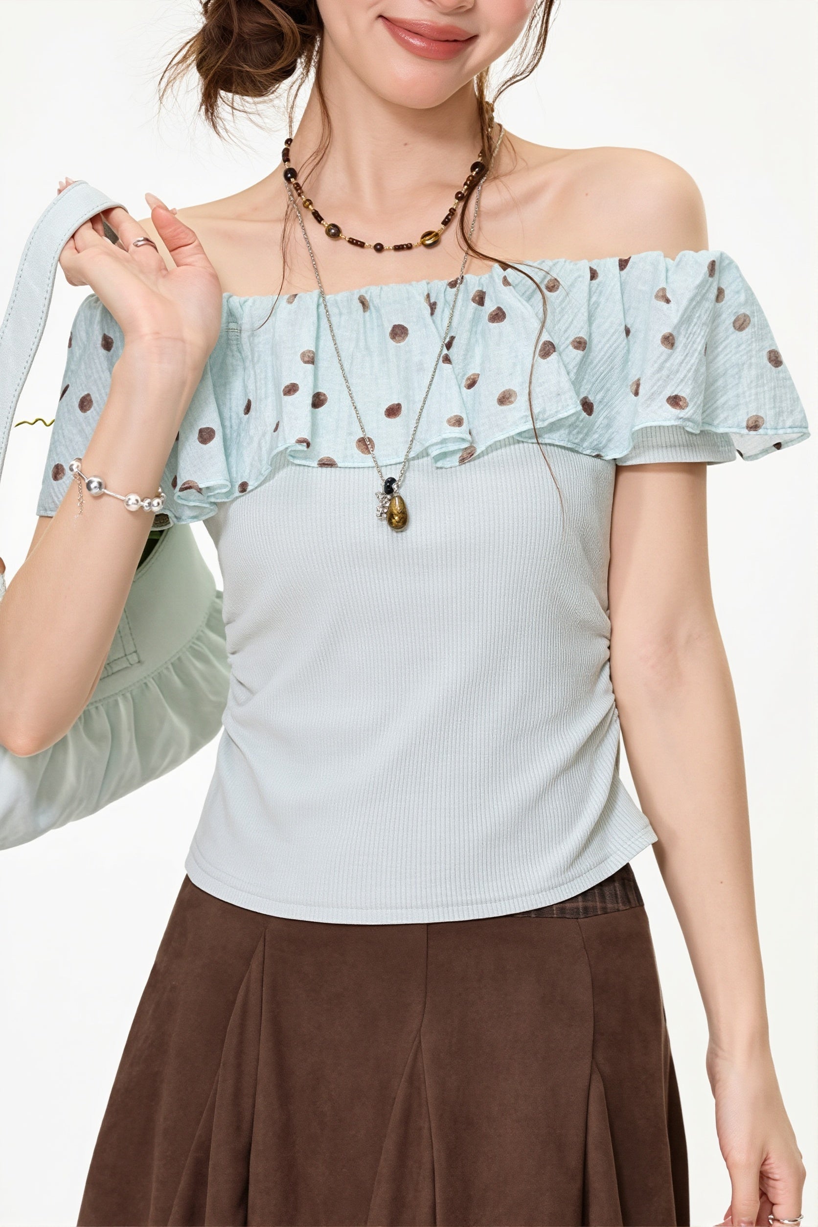 Mint Polka Dot Ruffle Off Shoulder Blouse image 3