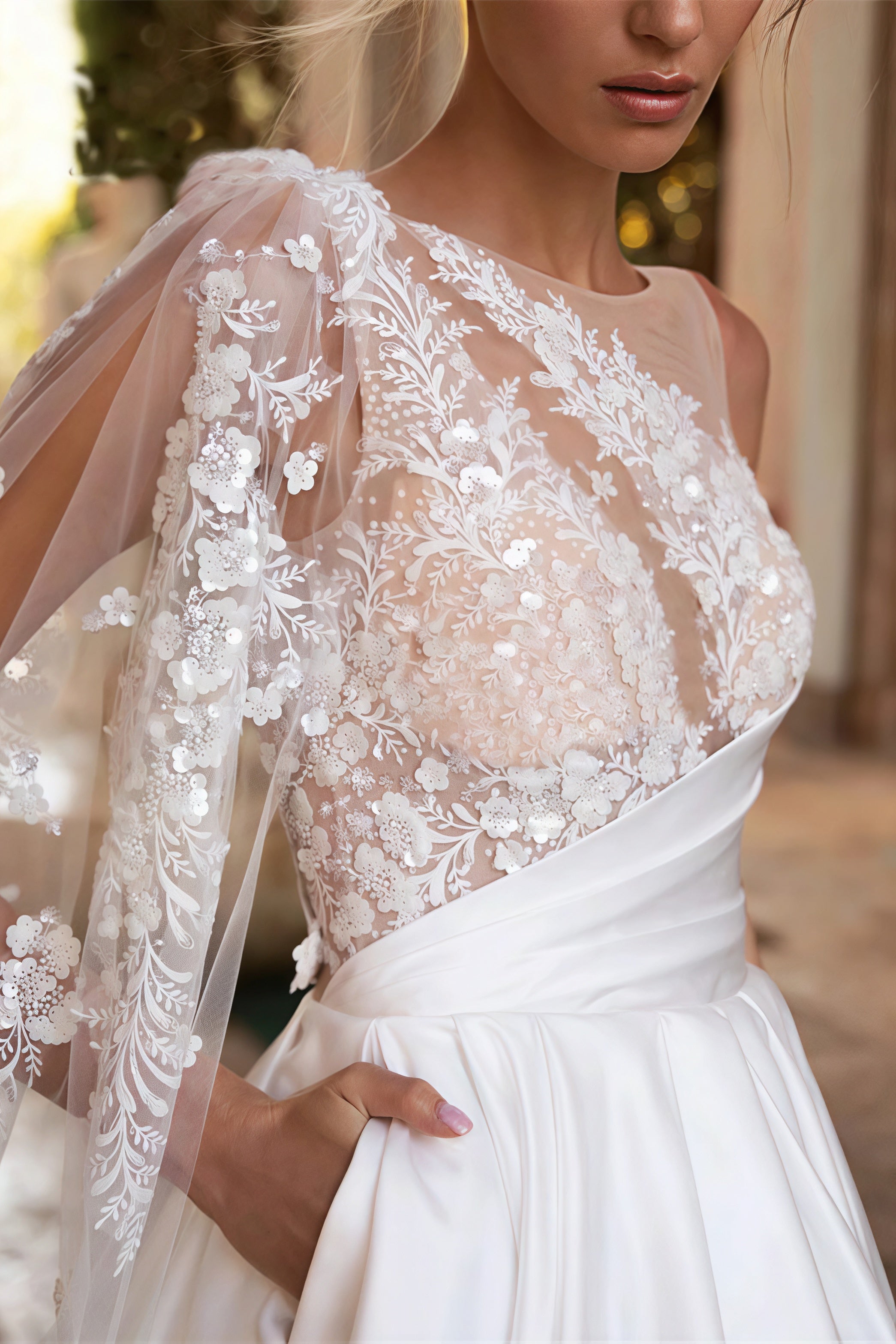 Simple Asymmetrical Shoulder Mesh Applique Train Wedding Dress image 2