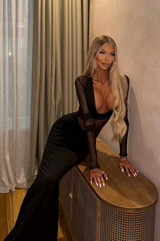 Mesh Panel Deep V Maxi Dress image 3